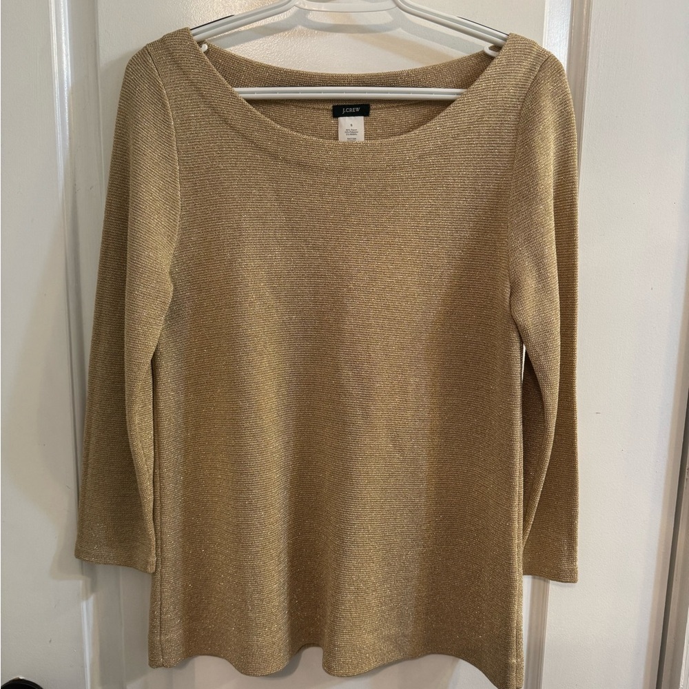 J. Crew Boat Neck Metallic Gold 3/4 Sweater Small